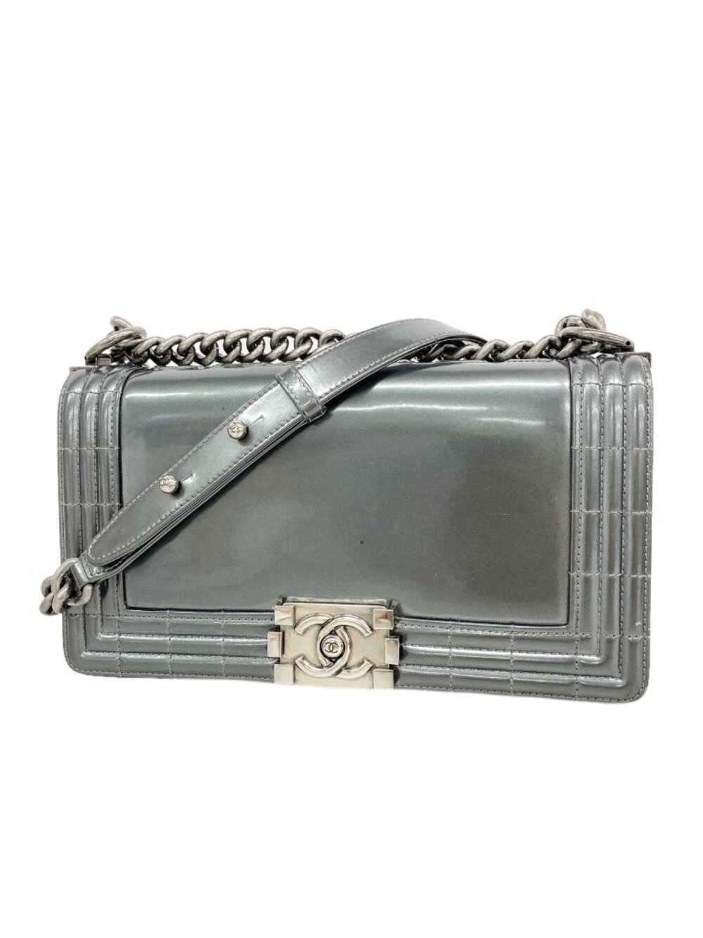 Chanel Shoulder Bag Boy Patent Leather Gray Silver